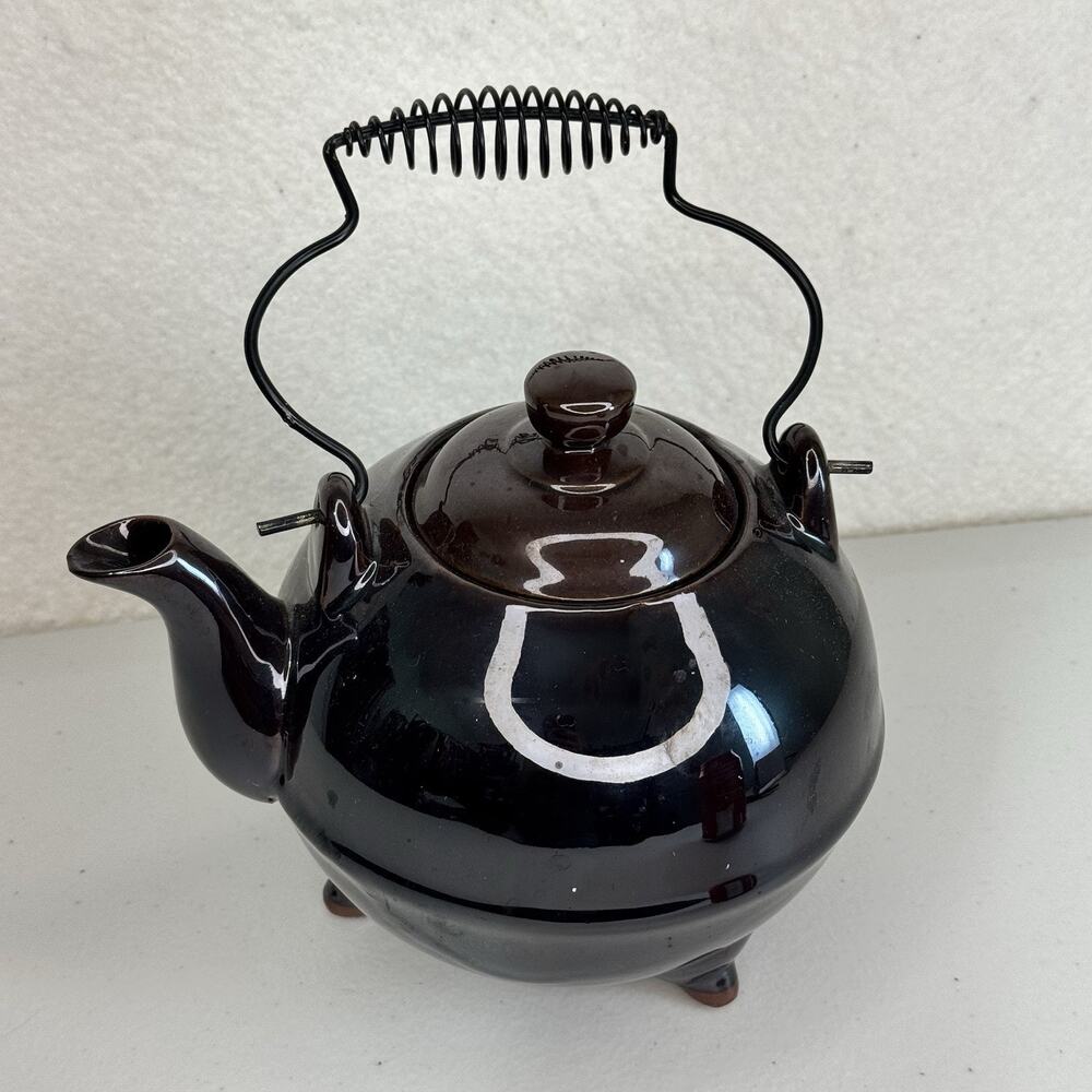 Japanese Brown Redware Clay Earthenware Pottery Teapot Wire Coil Handle 3 Feet